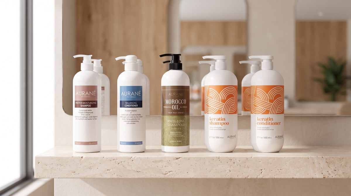 Aurané Pro Formula hair care range on a salon shelf