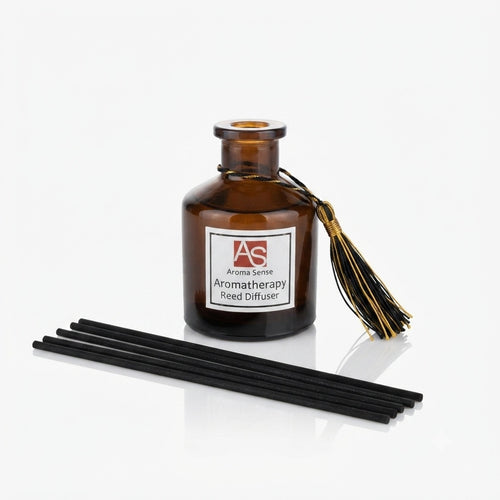 50ml Aromatherapy Reed Diffuser in amber-brown glass with tassel ribbon, by Aroma Sense