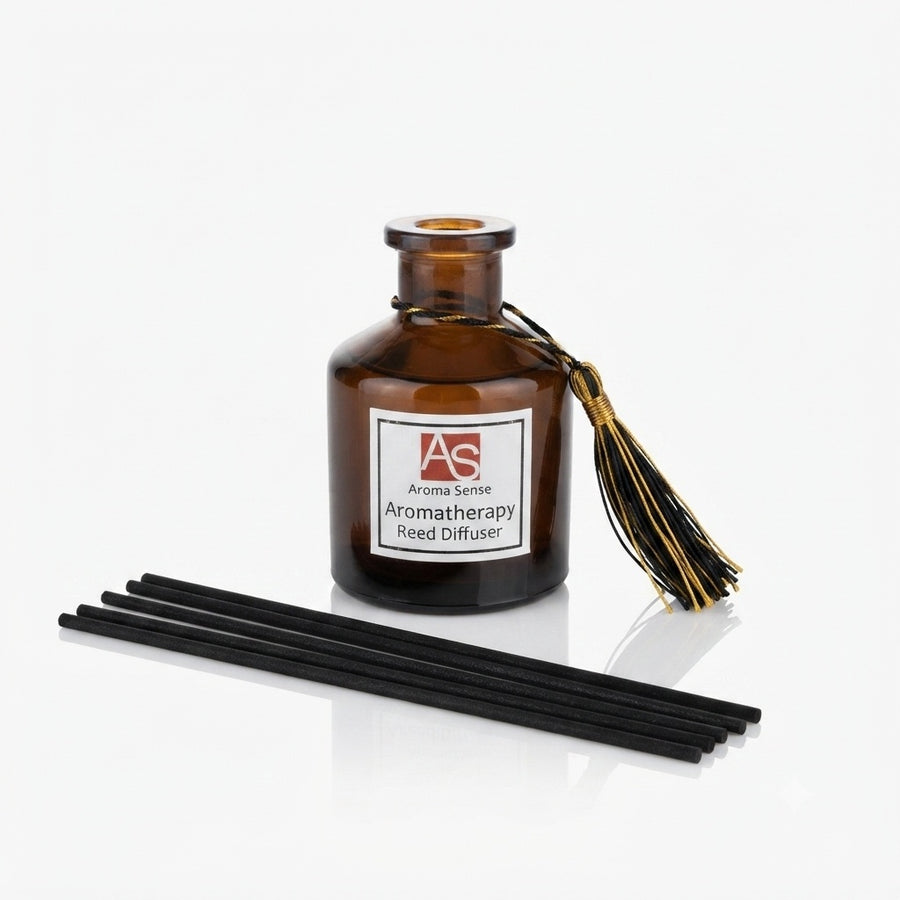 50ml Aromatherapy Reed Diffuser in amber-brown glass with tassel ribbon, by Aroma Sense