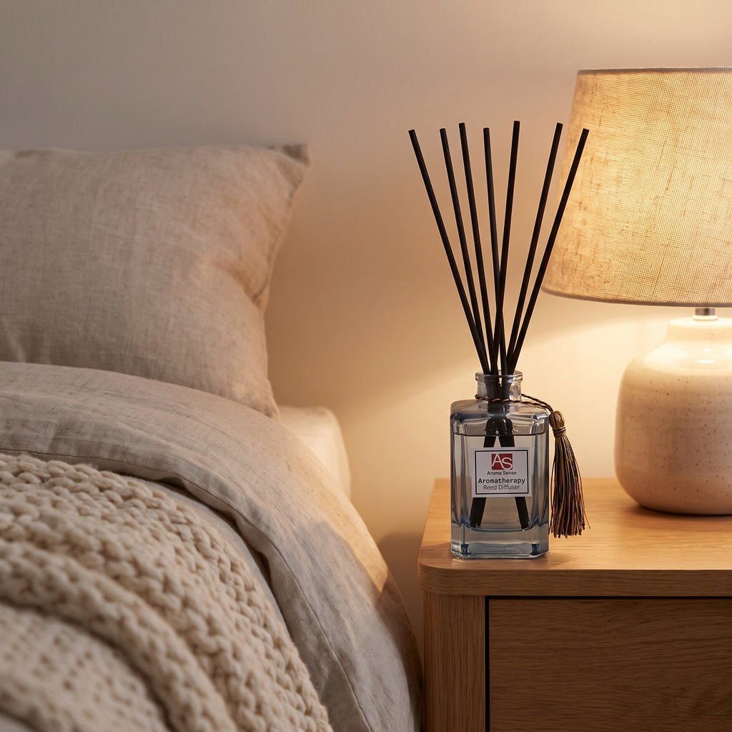Aroma Sense 150ml reed diffuser on a bedside table
