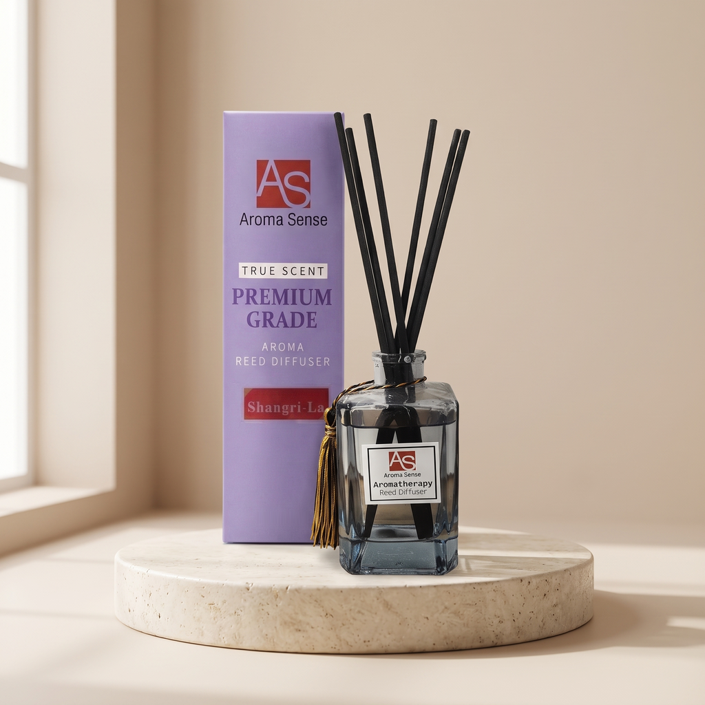 Aroma Sense 150ml blue glass reed diffuser with its lavender gift box on a travertine stand
