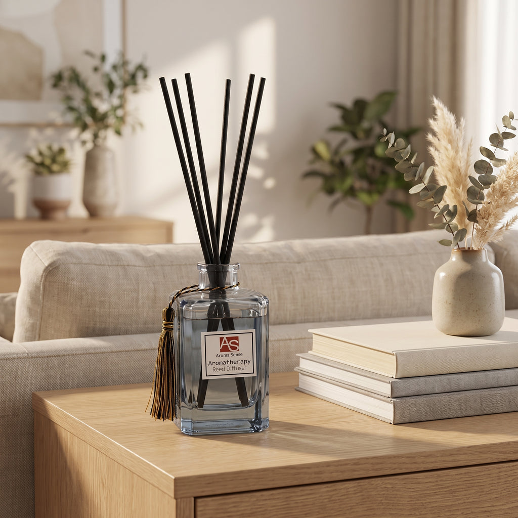 Aroma Sense 150ml reed diffuser on a sideboard in a living room
