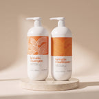 Aurané Keratin Shampoo and Conditioner set, 1000ml each, on a travertine stand