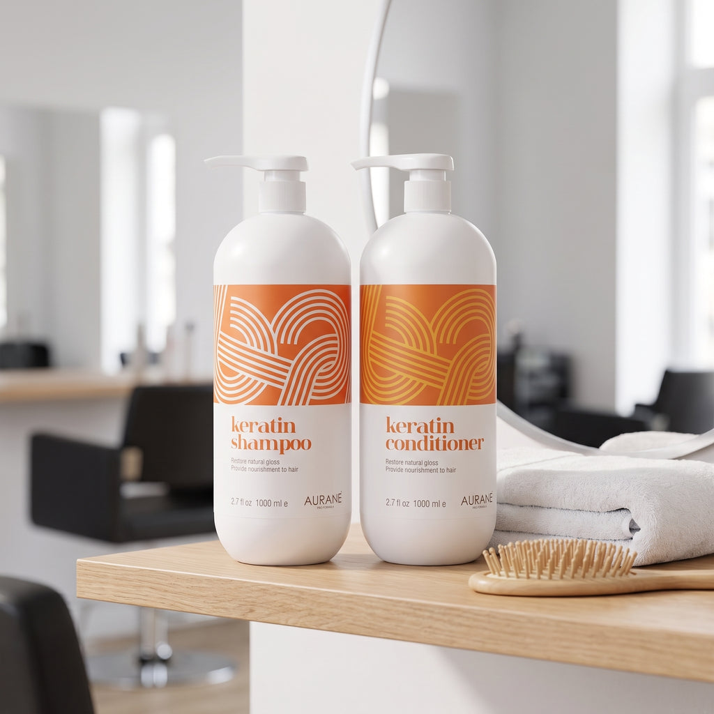 Aurané Keratin Shampoo and Conditioner set on a salon shelf