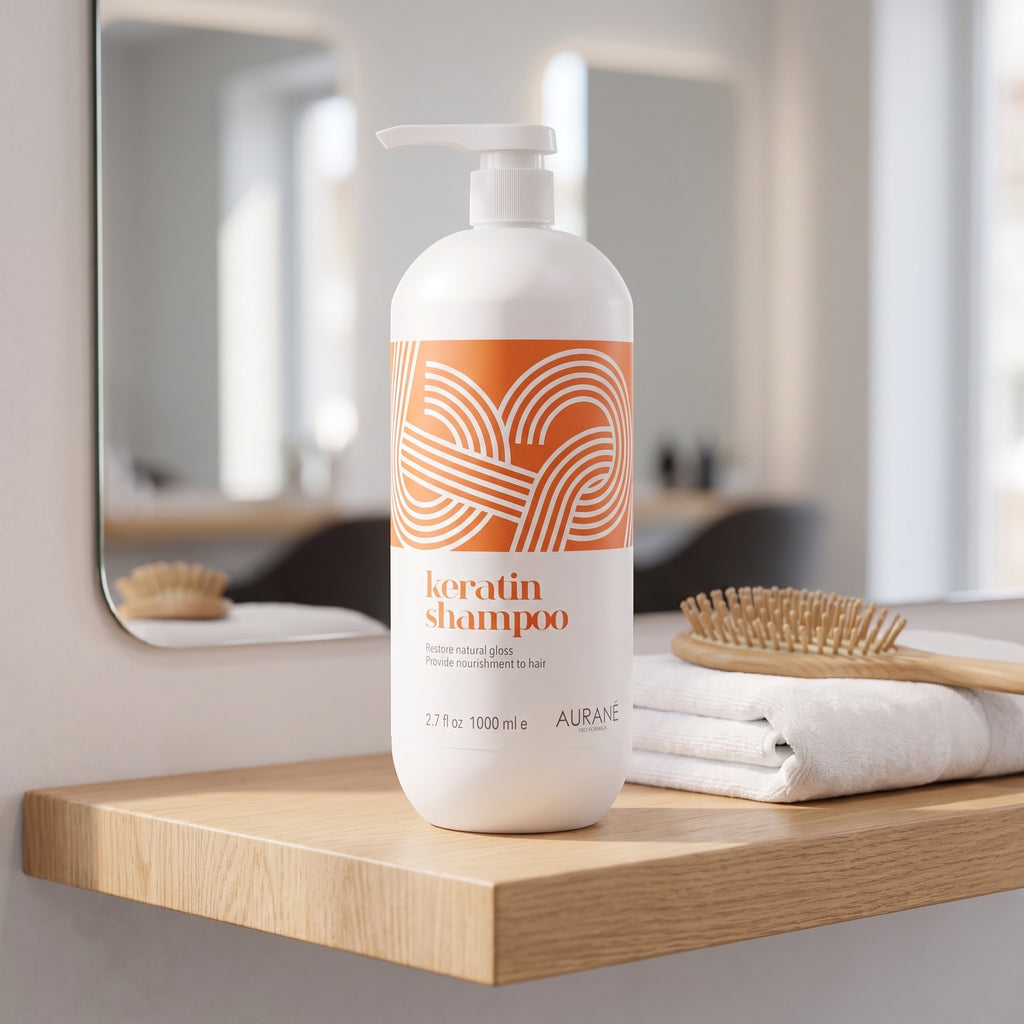 Aurané Keratin Shampoo 1000ml on a salon shelf with towel and hairbrush