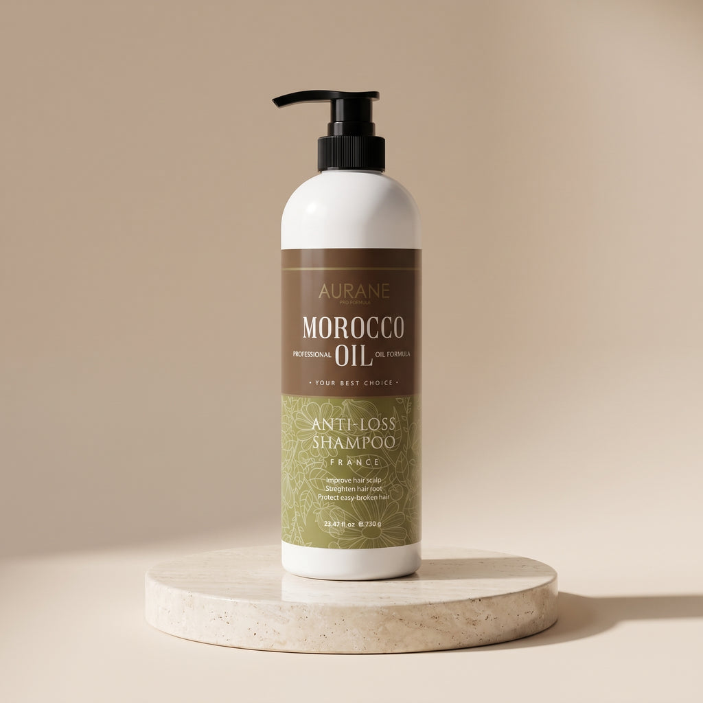 Aurané Morocco Oil Professional Shampoo 730g on a travertine stand