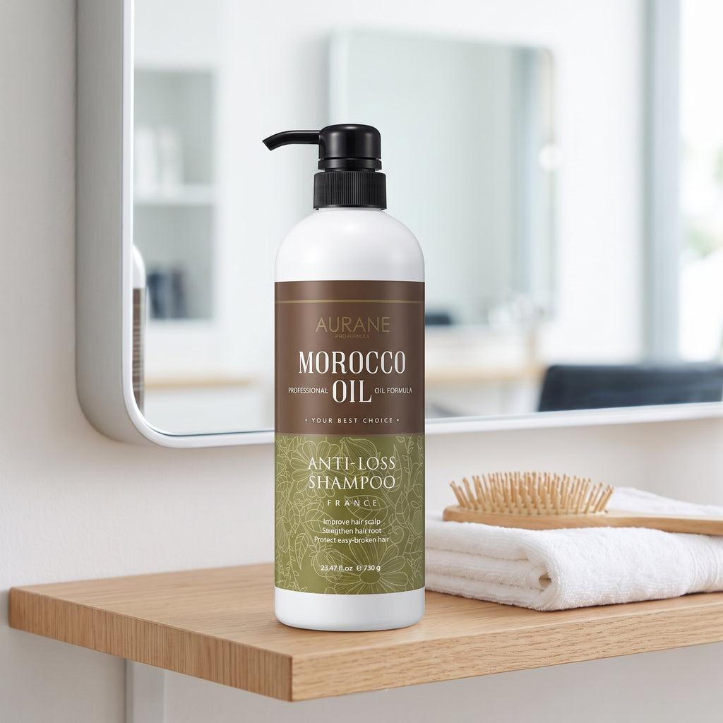 Aurané Morocco Oil Professional Shampoo 730g on a bathroom shelf