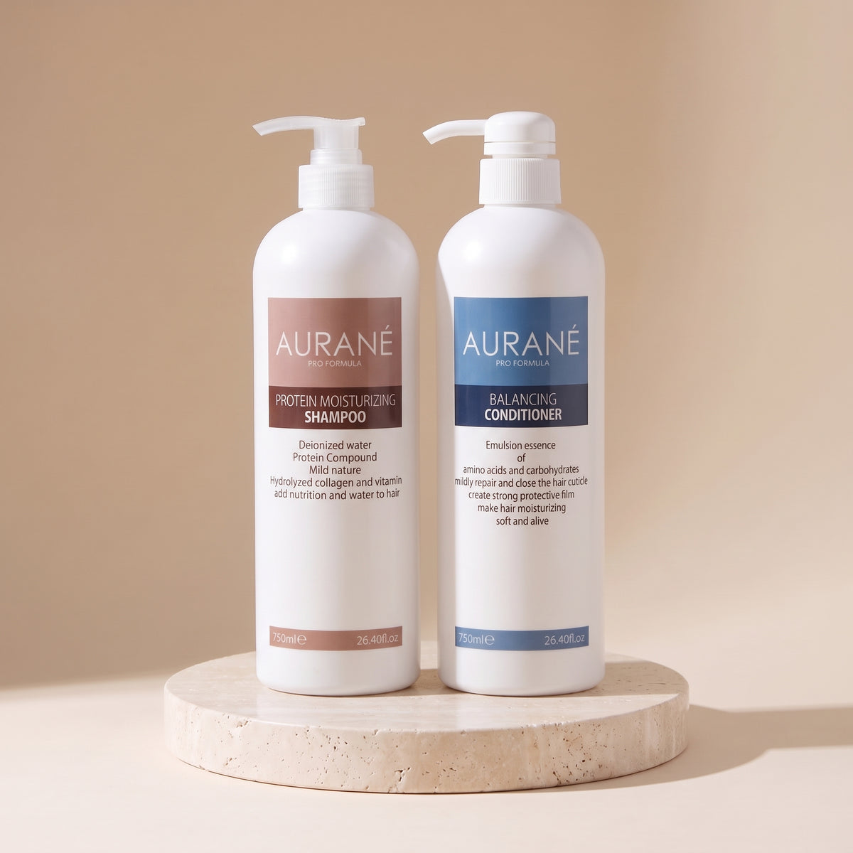 Aurané Protein Moisturizing Shampoo and Balancing Conditioner set, 750ml each, on a travertine stand