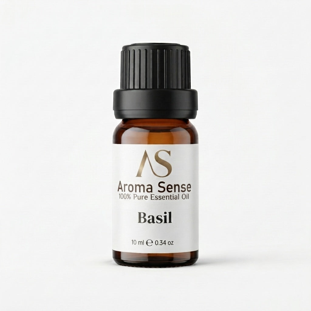 Basil aroma oil, 10 ml amber glass bottle