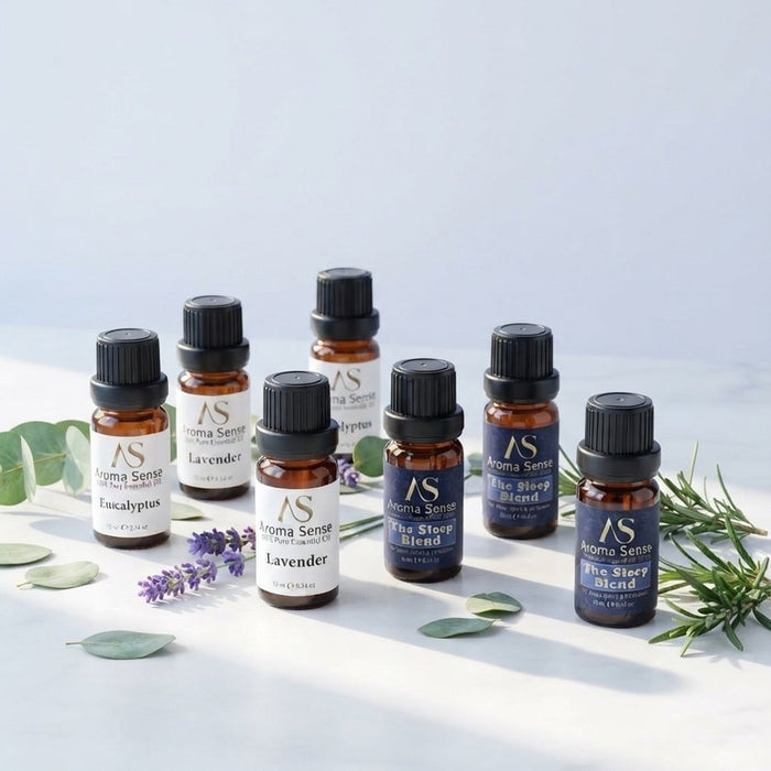 Aroma Sense essential oil bottles with lavender and rosemary