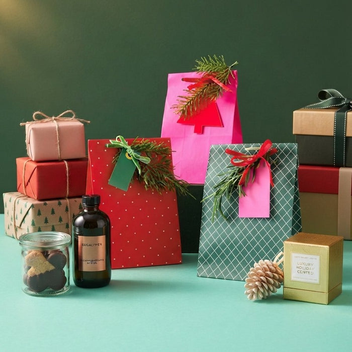 wrapped gift boxes with an essential oil bottle
